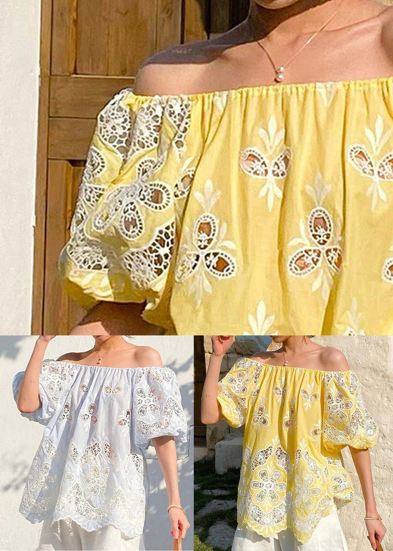 Light Blue Hollow Out Cotton Top Embroidered Puff Sleeve