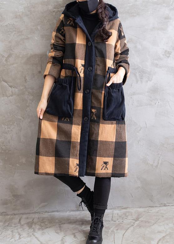 Oversize Coats Yellow Plaid Hooded Drawstring Parkas Coats