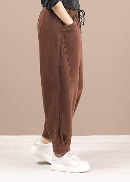 Coffee Pockets Elastic Waist Warm Fleece Pants Winter