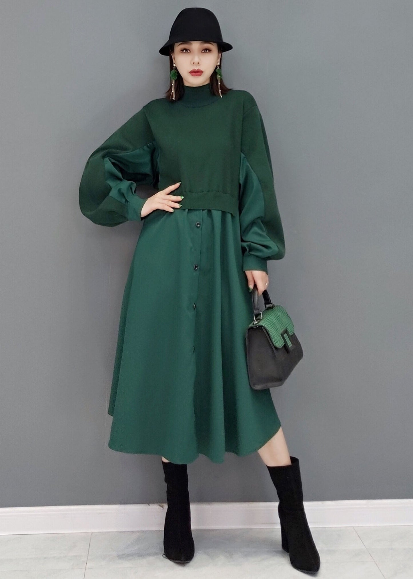 Green Stand Collar Patchwork Knit Cotton Shirt Dress Long Sleeve