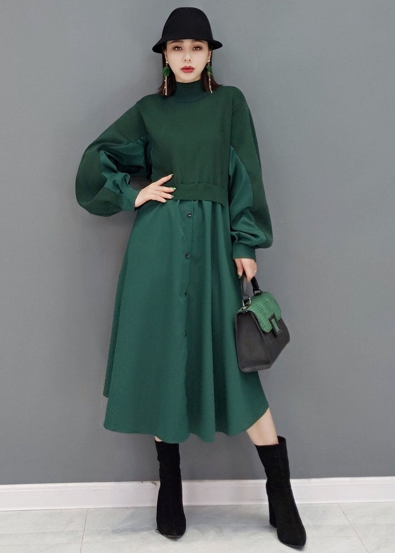 Green Stand Collar Patchwork Knit Cotton Shirt Dress Long Sleeve