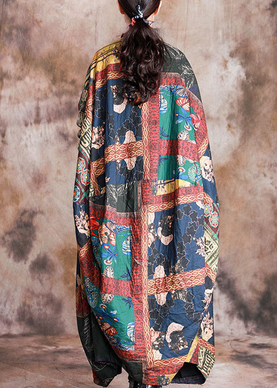 Art Red Print Button Patchwork Asymmetrical Design Fall Coats Long Sleeve