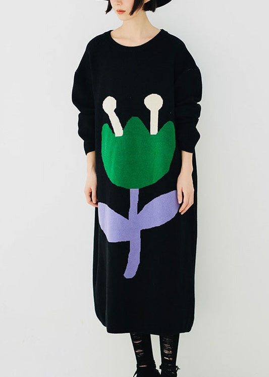 Italian Black O-neck Thick Cotton Knit Sweater Dress Long Sleeve