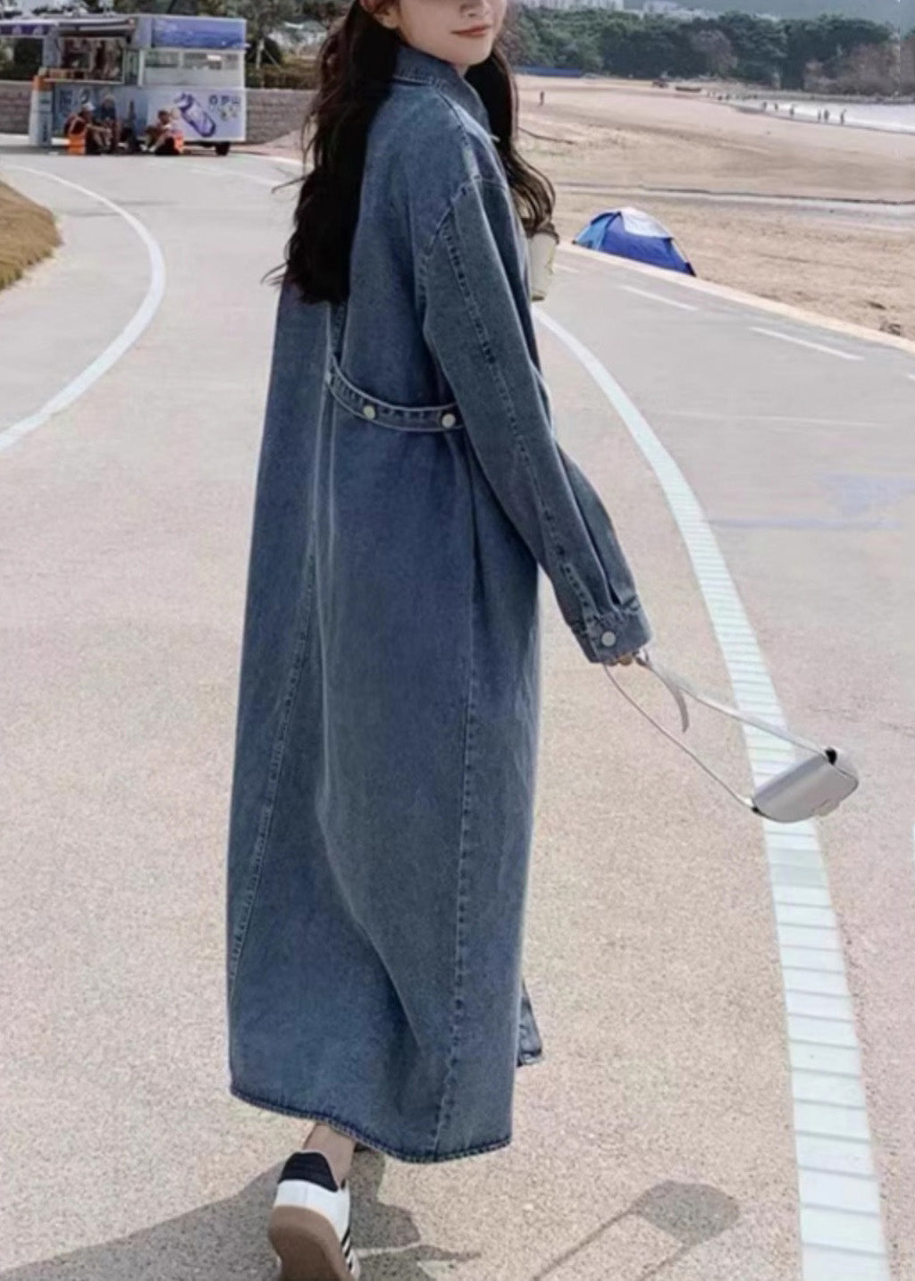 Denim Blue Peter Pan Collar Patchwork Button Long Dress Fall