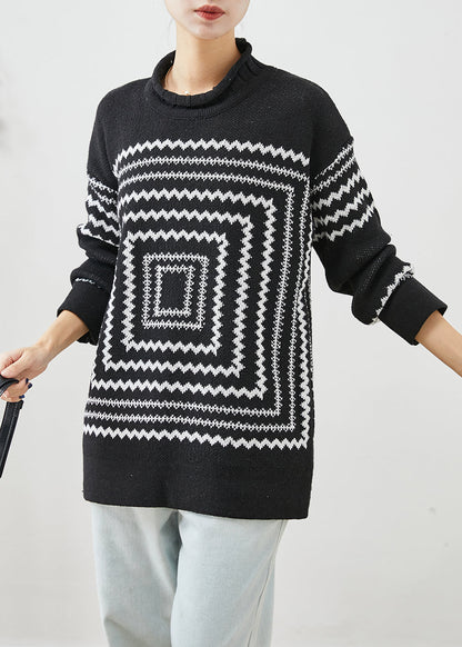Black Oversized Print Knit Sweaters Winter