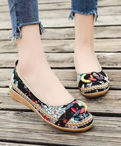 Black Cotton Fabric Print Splicing Wedge Heels Soofairy Shoes-20251