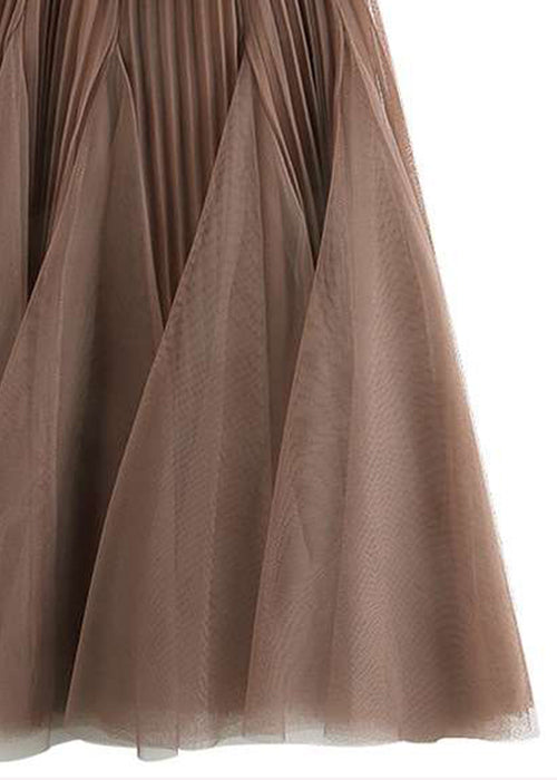 Brown Wrinkled Elastic Waist Tulle Skirts Spring