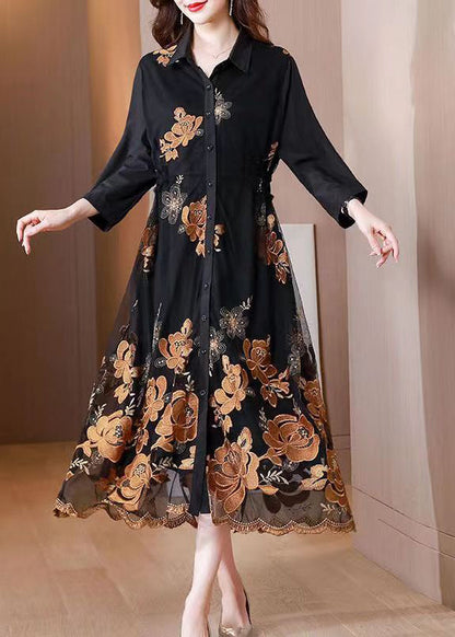 Handmade Black Peter Pan Collar Embroideried Patchwork Dress Fall