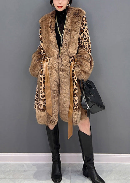 Leopard Fur Collar Print Patchwork Button Tie Waist Mink Velvet Leather and Fur Thick Coats Winter