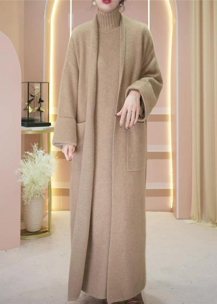Loose Camel Pockets Woolen Cardigan and Turtleneck Knit Dress Two Piece Set Winter