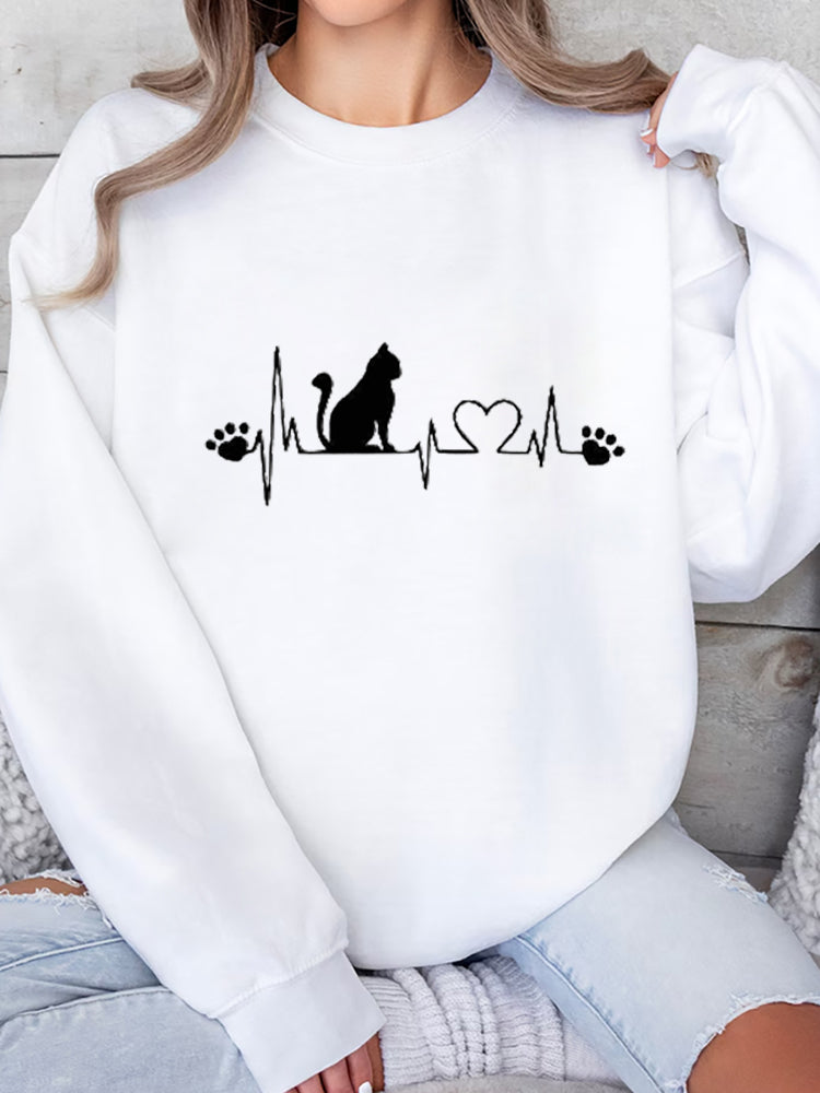 Women's Casual Black Cat Print Sweatshirt elevenforest