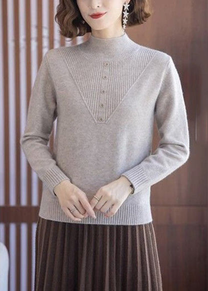 Beige Turtleneck Wool Knit Tops Long Sleeve