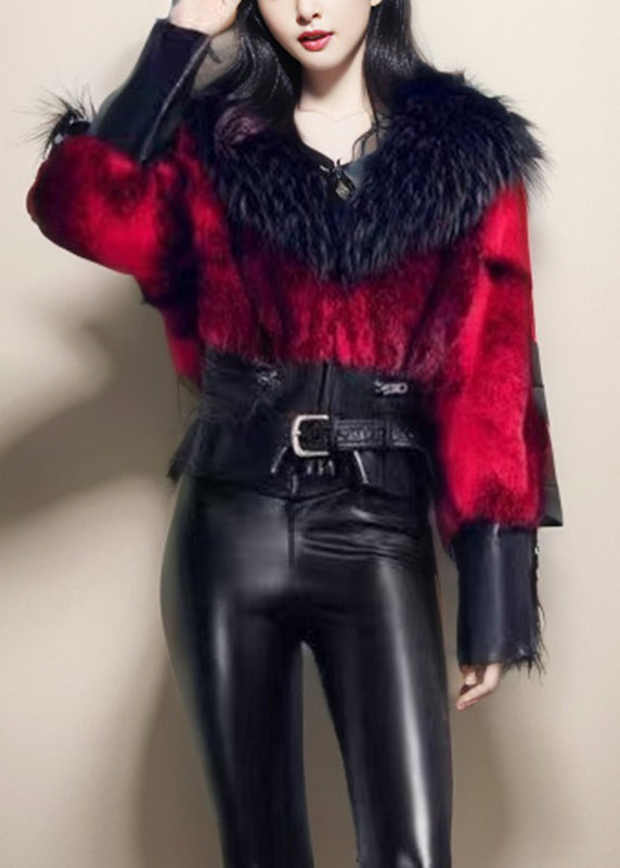 French Red Fox Collar Patchwork Leather and Fur Coats Winter