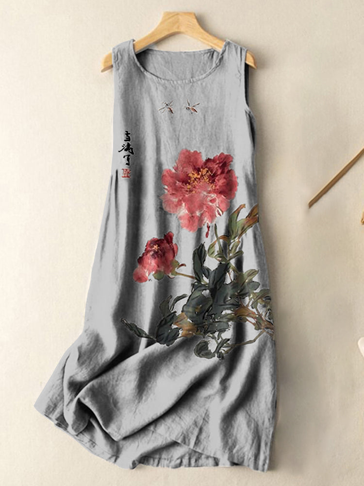 Comstylish Vintage Japanese Ink Flower Calligraphy Art Print Sleeveless Cotton And Linen Midi Dress