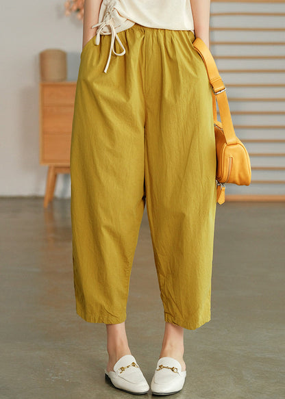 Yellow Elastic Waist Pockets Pants Spring