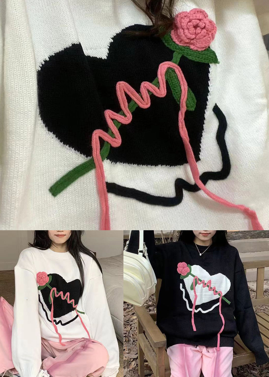 White Patchwork Cozy Knit Sweaters O Neck Heart Fall