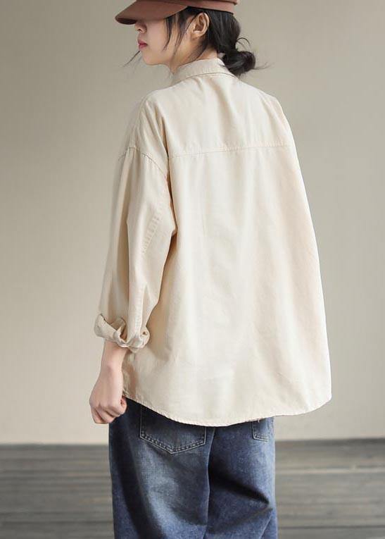 French Beige Tops Lapel Pockets Daily Spring Shirt