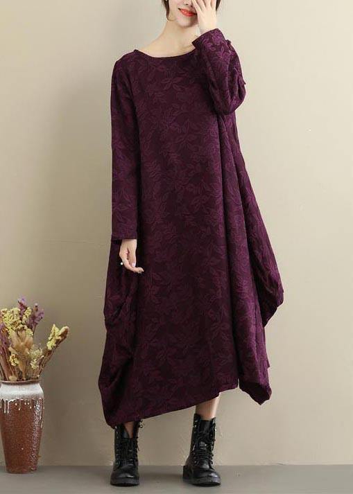 Loose Purple Jacquard Outfit O Neck Asymmetric Traveling Spring Dresses