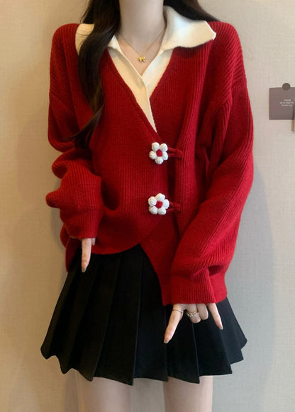 Red Flower Patchwork Knit Fake Two Piece Sweaters Fall