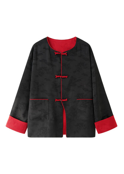 Black Pockets Button Jacquard Wear on Both Sides Silk Coats Fall