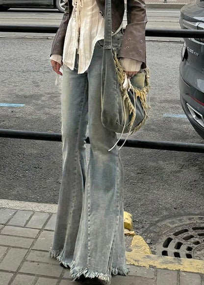 Natural Patchwork Pockets Denim Flared Trousers Spring