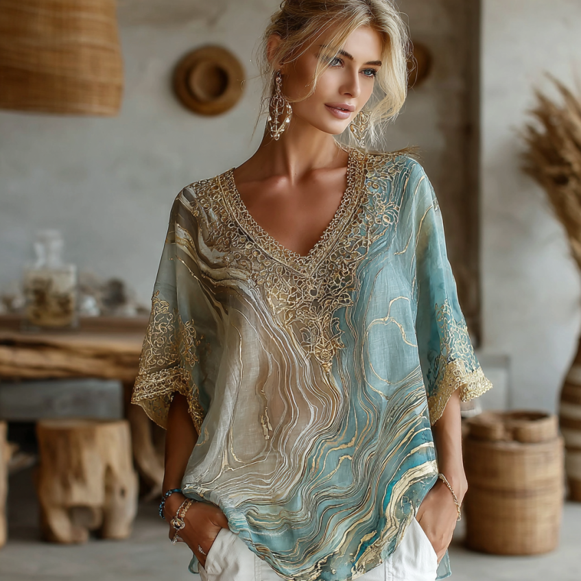 Vintage Marble Texture Collection Bohemia Women Style Gradient Black Gilded Pattern Linen V Neck T-shirt artswardrobe