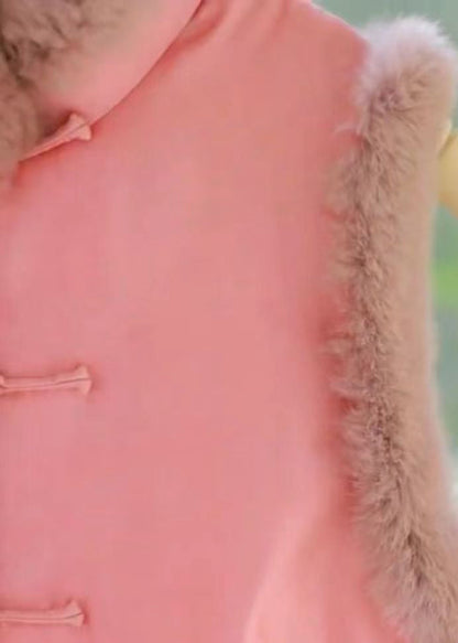 Pink Stand Collar Button Teddy Patchwork Cotton Filled Vest Sleeveless