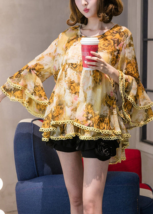 Classy Yellow Print Chiffon Tops Flare Sleeve