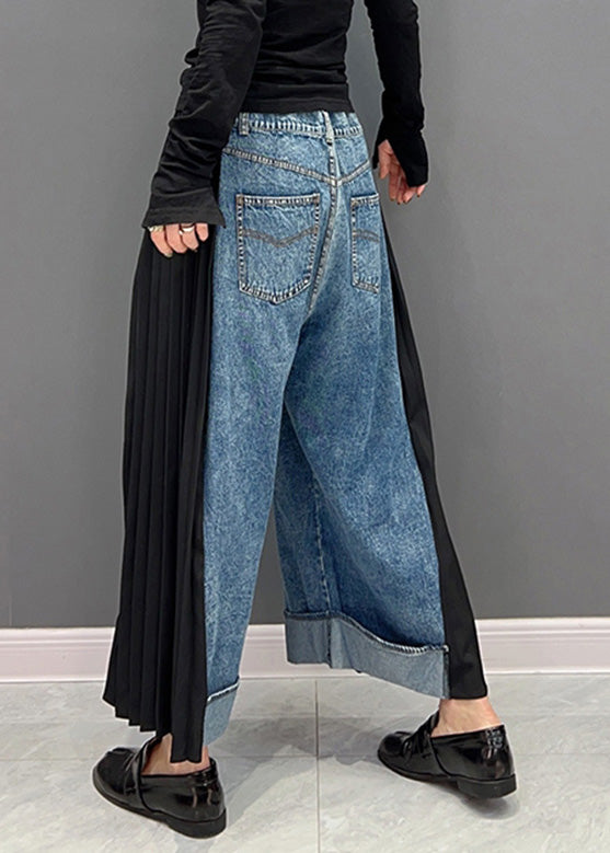 Blue Chiffon Patchwork High Waist Dnime Straight Pants Spring