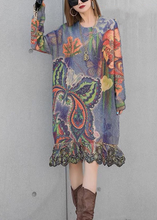 Loose Belle Print Patchwork Mink Velour Knit Dresses Spring