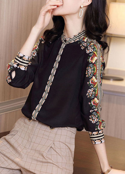 Black Stand Collar Print Chiffon Shirt Top Long Sleeve