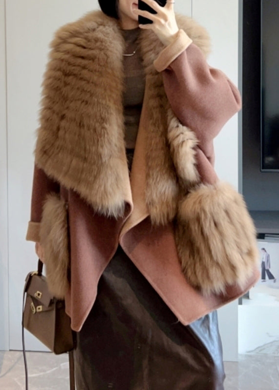 Camel Fur Collar Patchwork Long Woolen Coats Winter