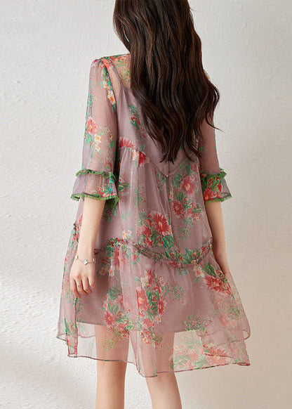 Light Purple Ruffled Chinese Button Print Tulle Oriental Dresses Summer