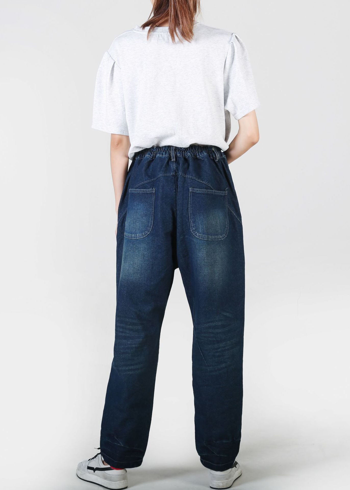 Navy Pockets Patchwork Denim Straight Pants Summer