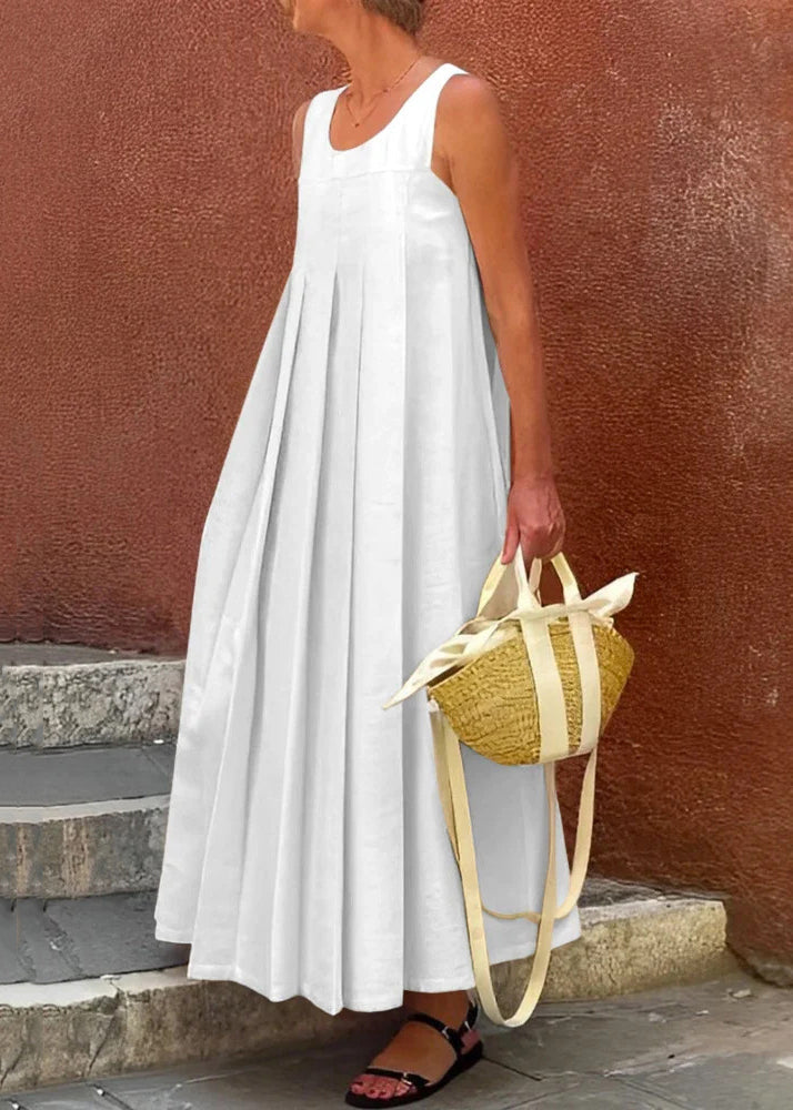 Simple Apricot Wrinkled Cotton Long Dress Sleeveless Summer