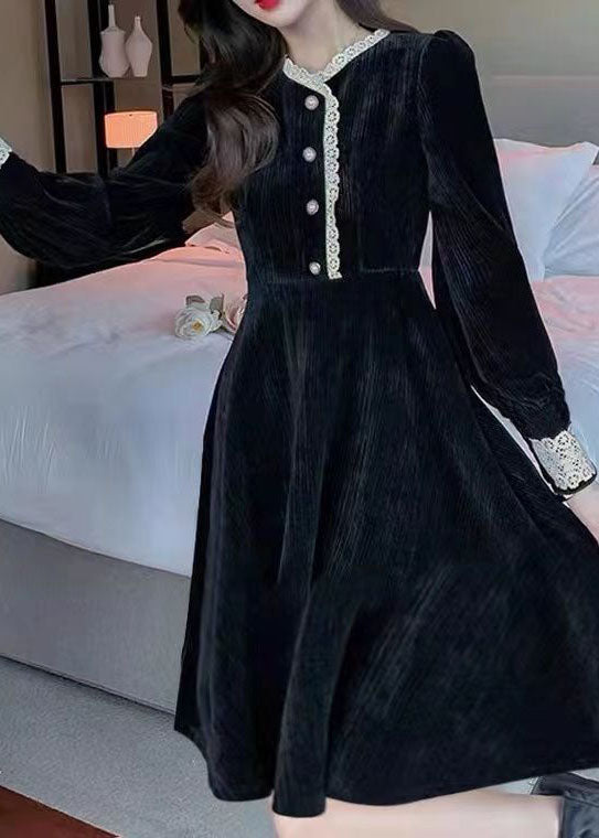 Art Black O-neck Lace Patchwork Thick Corduroy Maxi Dresses Spring
