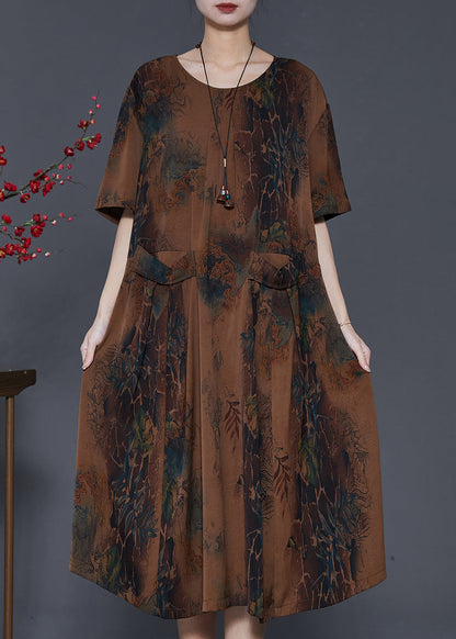 Stylish Coffee Oversized Print Pockets Silk Maxi Dresses Summer