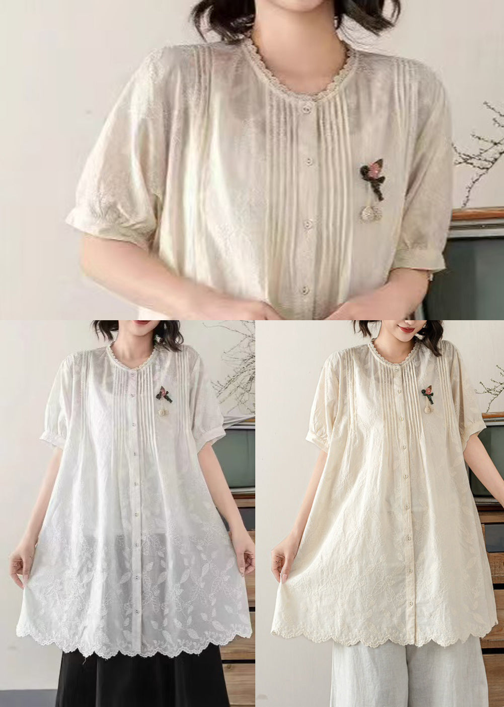 Beige Cotton a Line Tops Embroidered Wrinkled Summer
