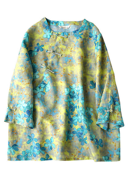 Yellow Linen Shirts Top Button Three Quarter Sleeve