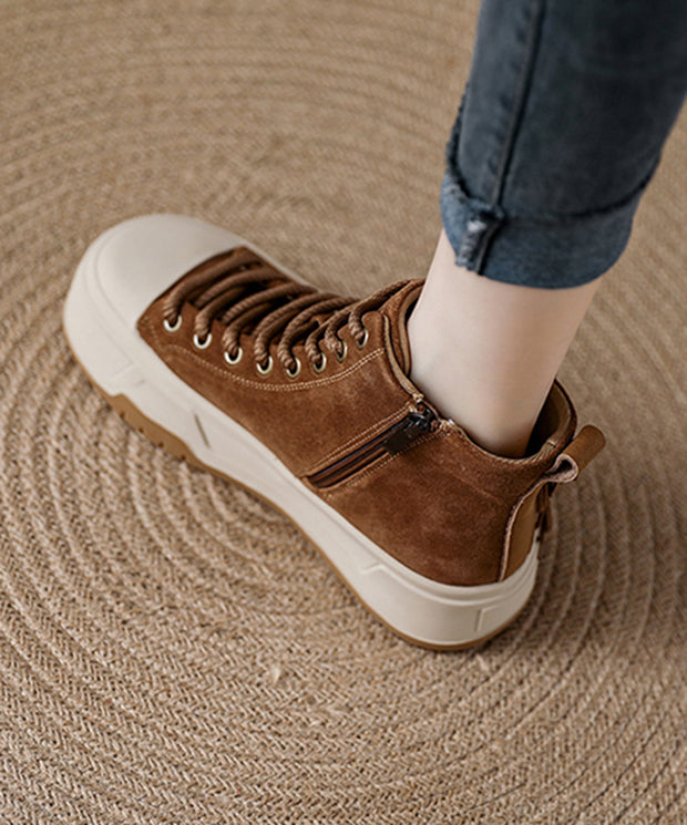 Coffee Tassel Lace Up Splicing Suede Boots