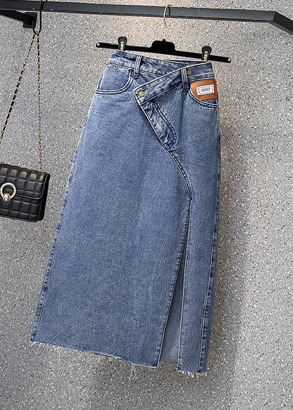 Style Denim Light Blue High Waist Side Open Button Asymmetrical Pockets Cotton a Line Skirts Summer