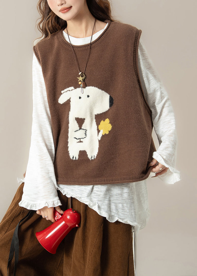 Coffee Dogs Knit Vest and White Ruffled T Shirt Knit Two Pieces Set Spring