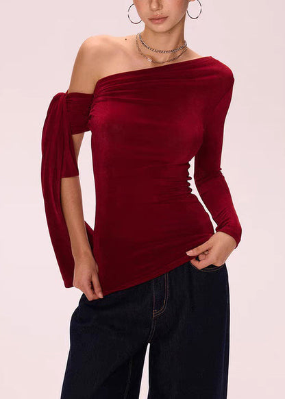 Red Slim Fit Cotton Fall T Shirts Asymmetrical
