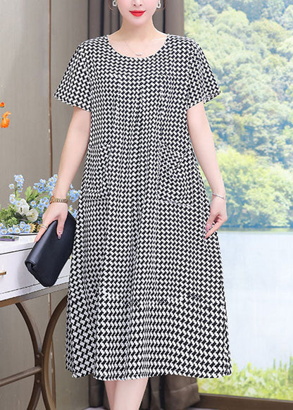 French Black O-neck Plaid Patchwork Maxi Dresses Summer