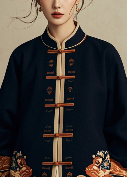 Chinese Style Navy Stand Collar Print Cotton Coats Spring