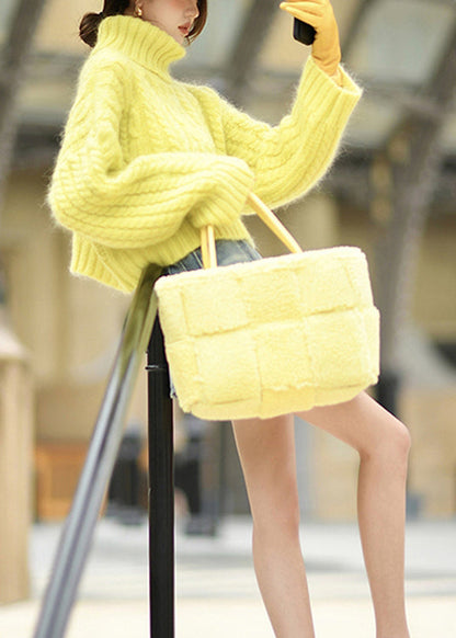 Yellow Hign Neck Thick Ma Hai Mao Short Knit Sweaters Winter