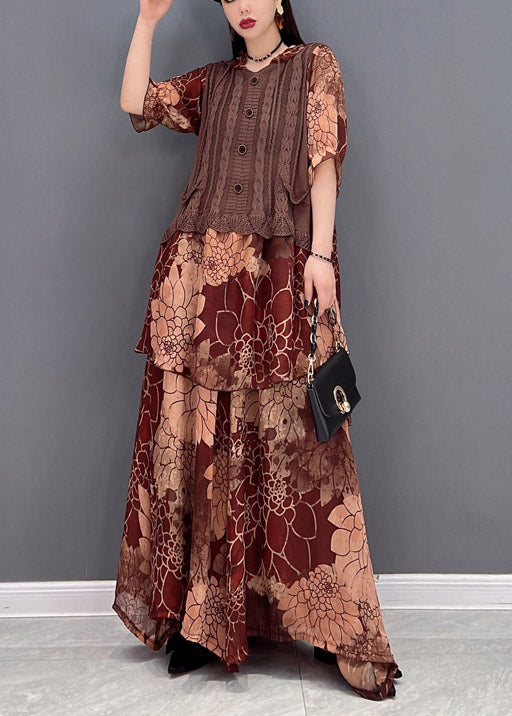 Brown Hooded Knit Patchwork Chiffon Tops and Wide Leg Pants Two Pieces Half Sleeve Spring