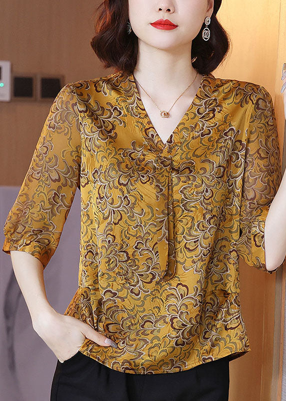 Yellow V Neck Ribbon Print Chiffon Shirt Half Sleeve