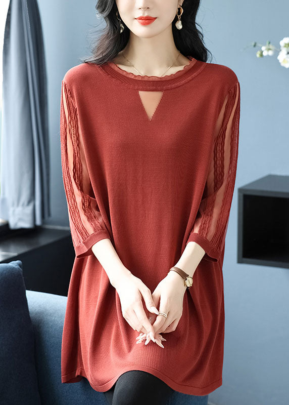 Green O Neck Patchwork Ice Silk Knitted Tops Half Sleeve
