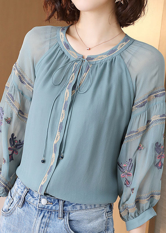 Light Blue O-neck Drawstring Embroideried Silk Tops Spring
